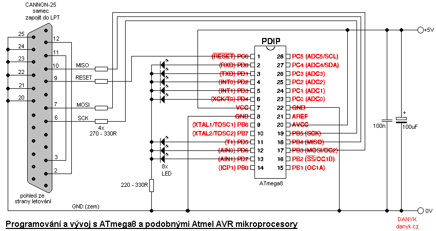 Schéma zapojení ATmega8 pro programování i vývoj. Využit je celý port D. 