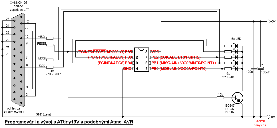 Schéma zapojení ATtiny13 pro programování i vývoj.  