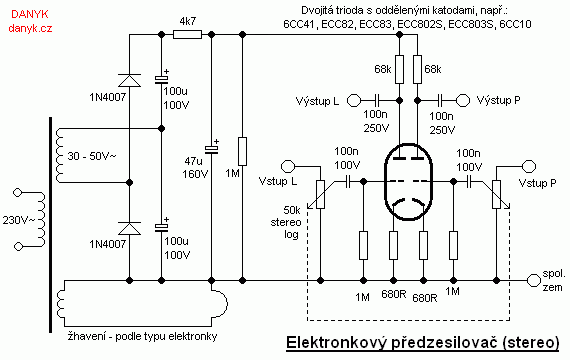 schéma elektronkového předzesilovače s dvojitou triodou