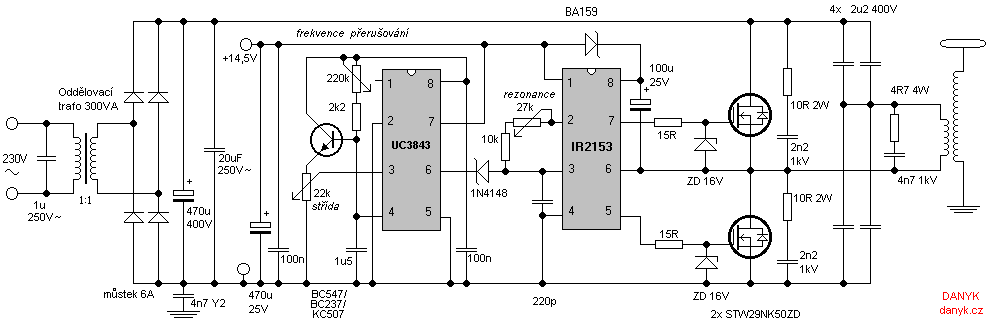 schéma ISSTC II. - tranzistorového Teslova transformátoru s přerušovačem