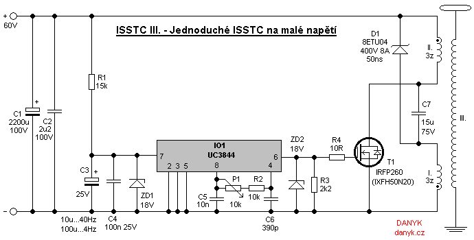 schéma ISSTC III - jednoduchého tranzistorového Teslova transformátoru s přerušovačem