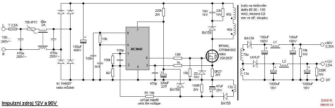 12V and 90V switched power supply with UC3842 | Uydudoktoru