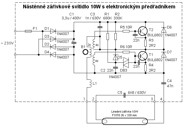 Schéma nástěnného zářivkového svítidla 10W s elektronickým předřadníkem