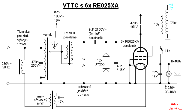 Schéma elektronkového teslova transformátoru (VTTC) se šesti RE025XA