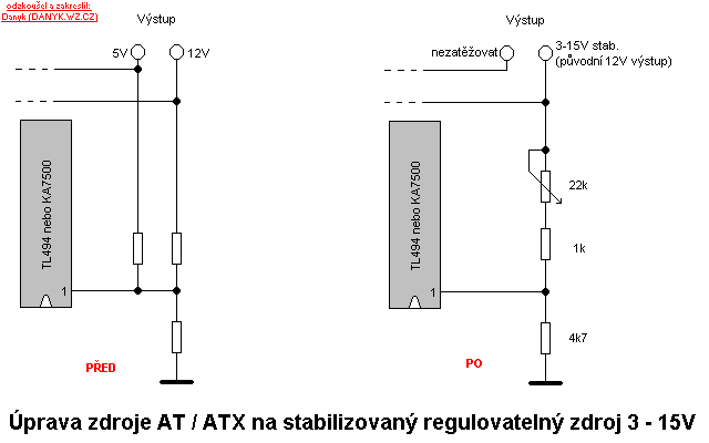 Schematic of the modification of PC AT or ATX supply to a adjustable source of stabilized 3-15V
