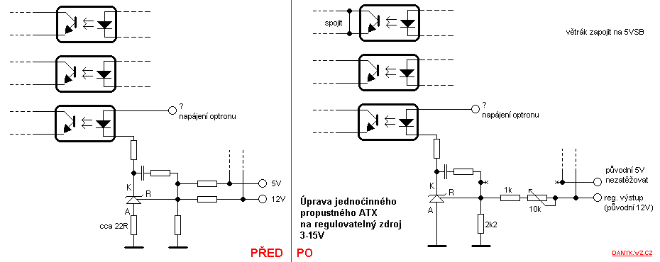 Schematic of modification of the single MOSFET forward converter ATX PC-supply into an adjustable stabilised power supply of 3-15V