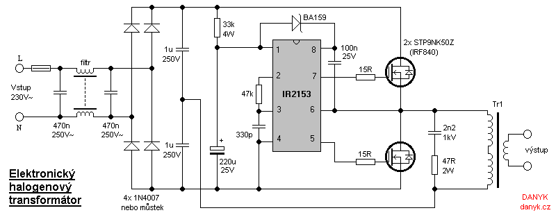 schéma elektronického halogenového transformátoru