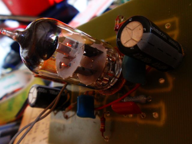 Working tube preamp with heater glow visible 