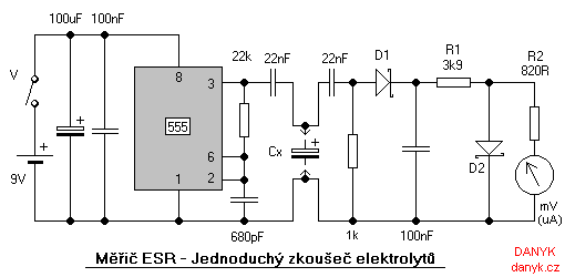 schéma jednoduchého měřiče ESR - testeru elektrolytů