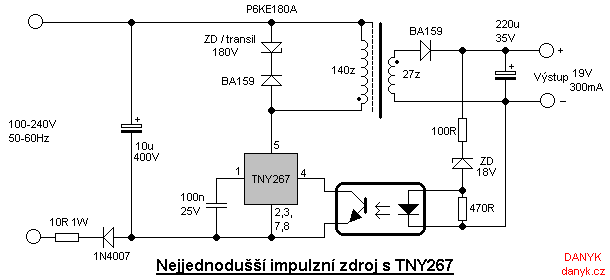 schéma impulzního zdroje s TNY267 (TNY267P)