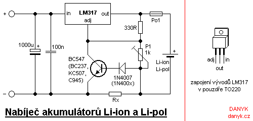 Schéma nabíječe akumulátorů Li-ion a Li-pol s LM317 a zapojení vývodů tohoto obvodu v pouzdře TO220.