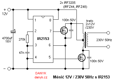 schéma měniče 12V/230V s IR2153