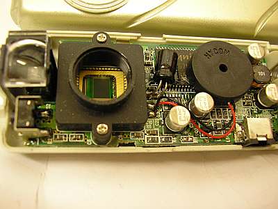 The interior of the old camera with removed lens 