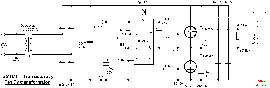 schéma SSTC - tranzistorového Teslova transformátoru