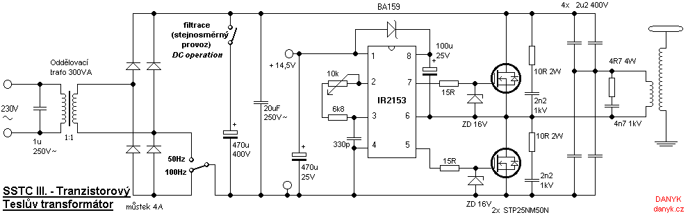 schéma SSTC - tranzistorového Teslova transformátoru
