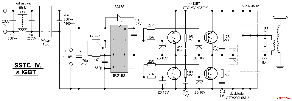schéma tranzistorového Teslova transformátoru (SSTC) s IGBT