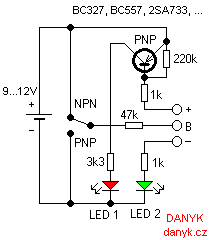 schéma jednoduchého testeru tranzistorů a polovodičů