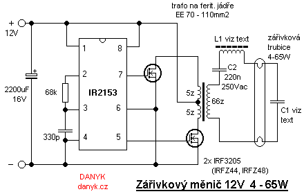 The schematic of fluorescent tube inverter powered from 12V.